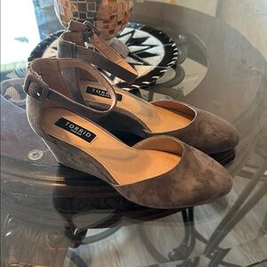 Torrid Taupe Suede Ankle Strap Wedges